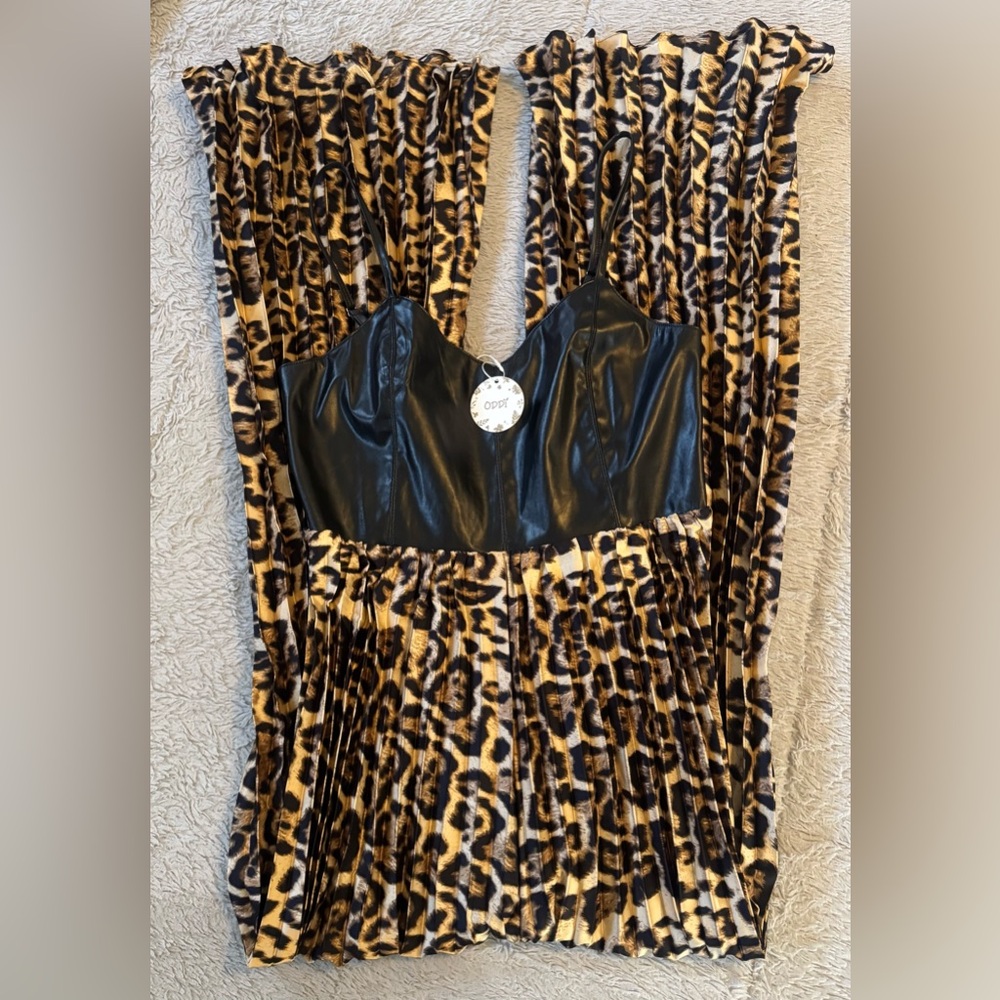 Oddi Faux Leather & Leopard Print Accordion Palazzo Jumpsuit w/ Adjustable Strap